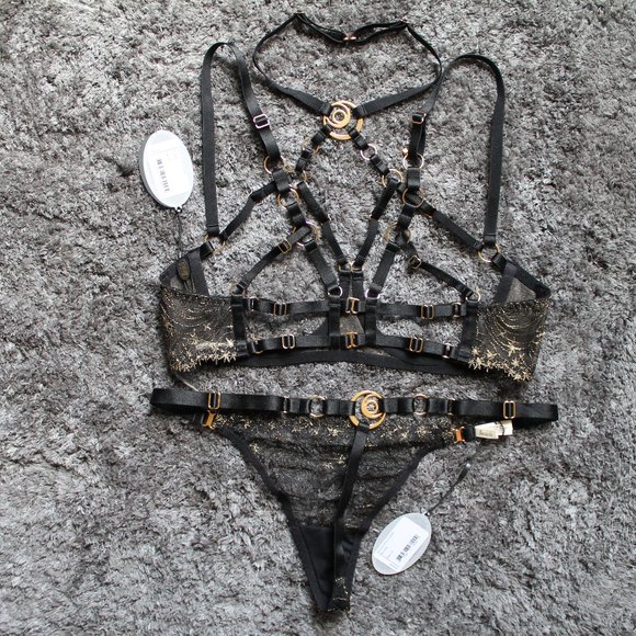 SOLD Bordelle Selene Open Ouvert Wire Bra Thong set Black Gold star embroidery - Picture 6 of 12